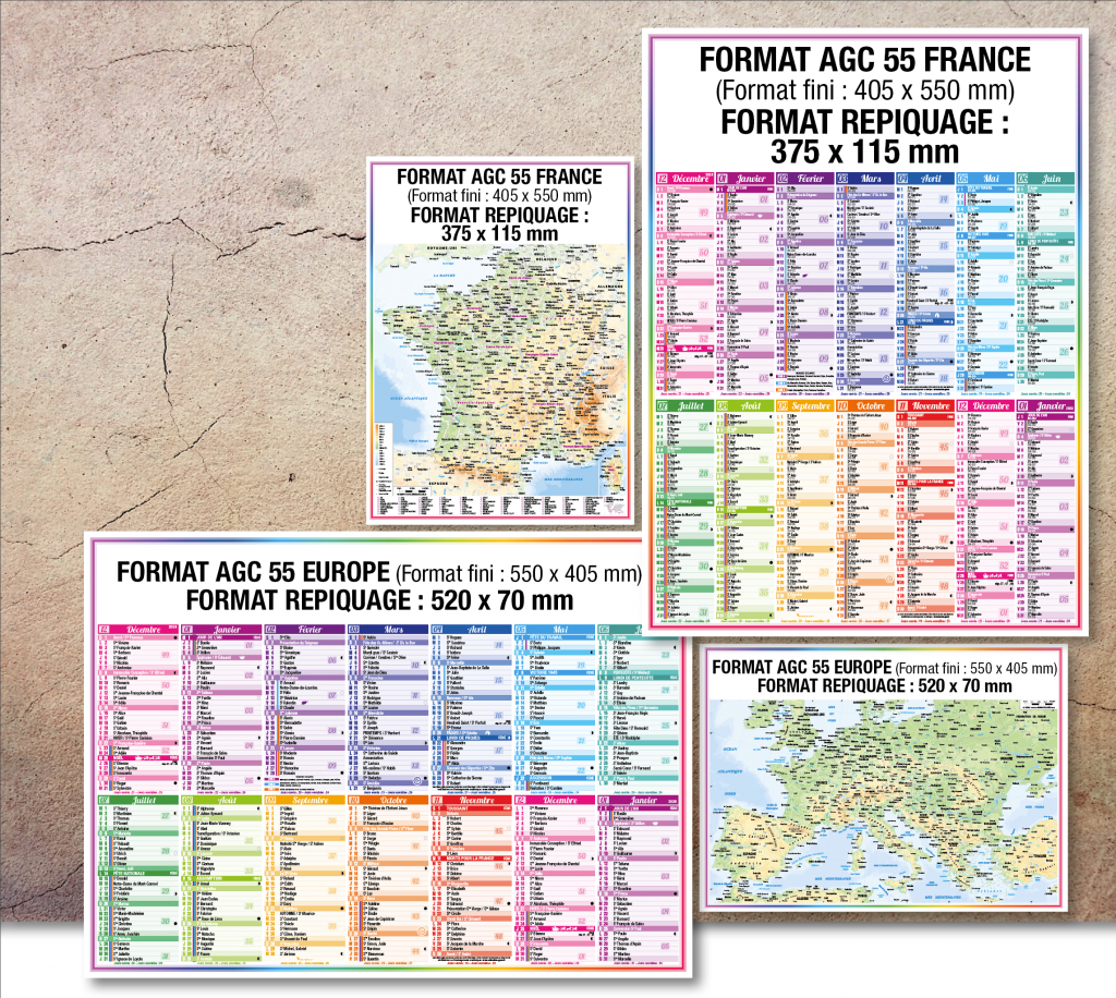 Calendriers bancaires avec grilles colorées et versos avec carte de France ou carte d'Europe