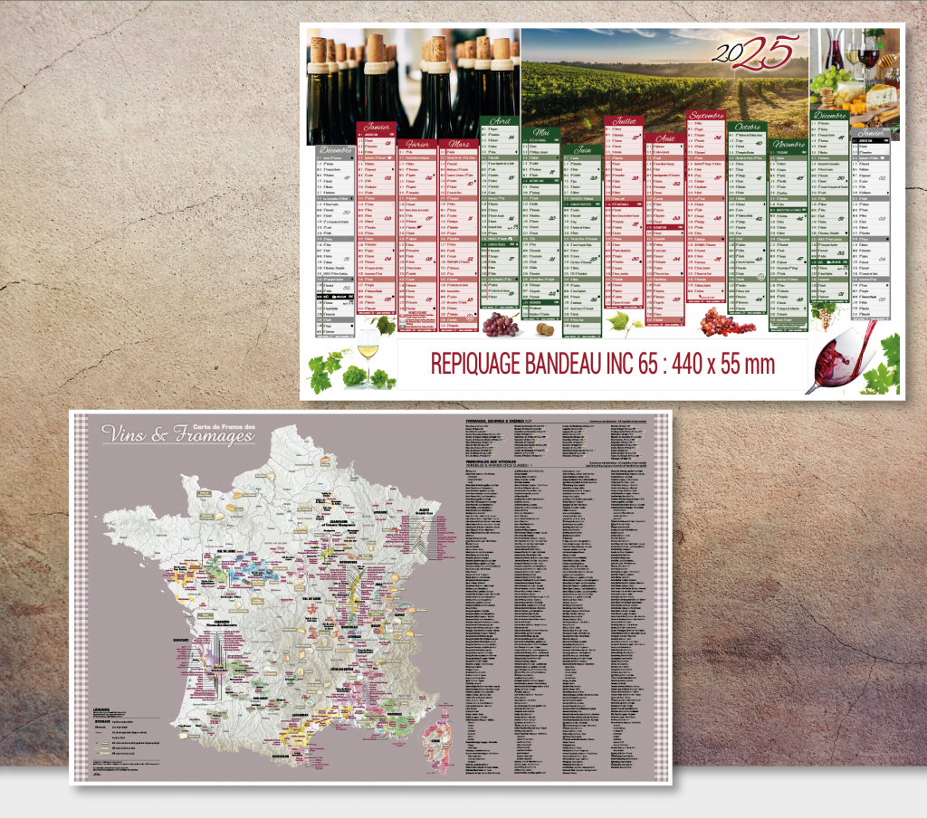 Calendriers bancaires avec photos de vignes et carte des vins et fromages au verso